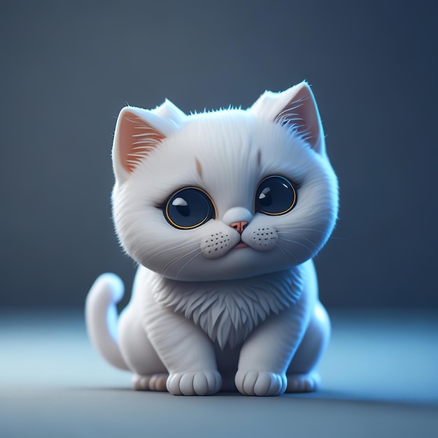Eine weiße Katze mit großen Augen sitzt auf einem blauen Hintergrund.