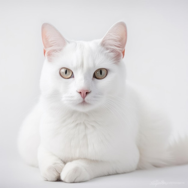 Eine weiße Katze mit grünen Augen legt sich hin.