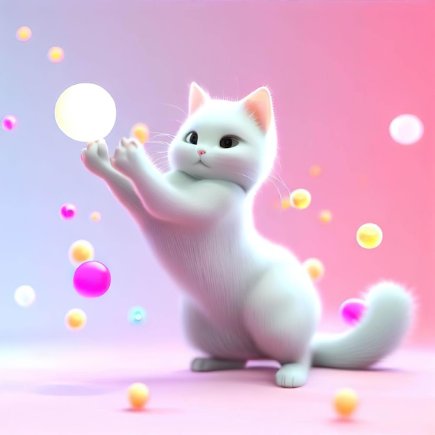 Eine weiße Katze mit rosa Augen greift nach einem Ball.