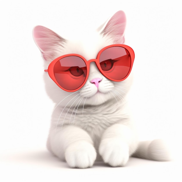 Eine weiße Katze mit roter Brille, auf der steht: