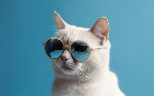 Eine weiße Katze mit Sonnenbrille und blauem Hintergrund.