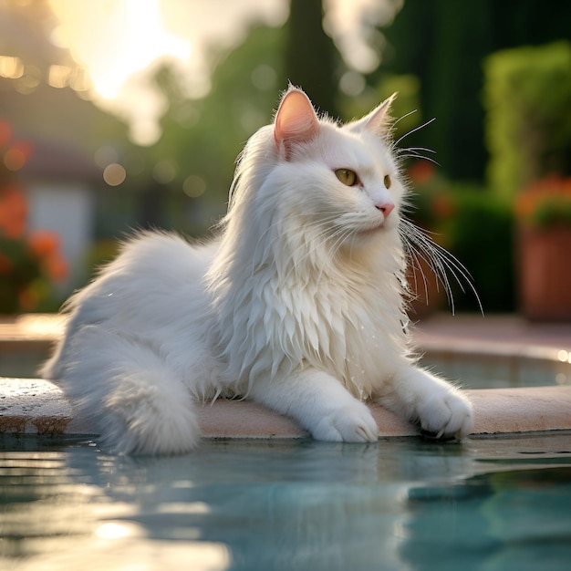 eine weiße Katze sitzt an einem Felsvorsprung an einem Pool