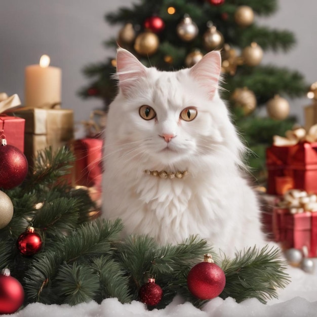 Eine weiße Katze sitzt friedlich vor einem wunderschön geschmückten Weihnachtsbaum