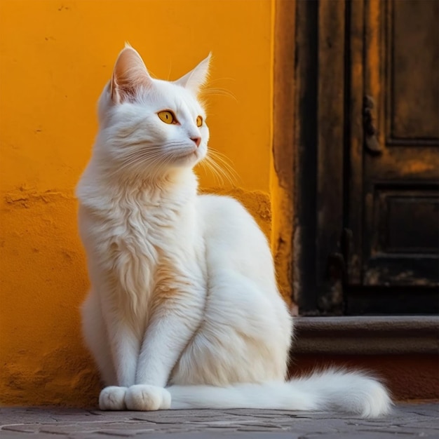 Eine weiße Katze sitzt vor einer gelben Wand.