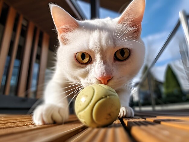 Eine weiße Katze spielt mit einem Tennisball.