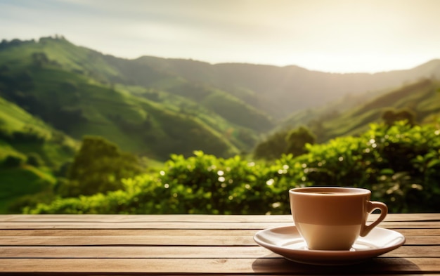 Eine weiße keramische Tasse Tee auf einem Holztisch