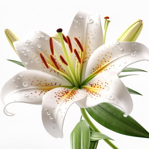 Eine weiße Lilie mit Wassertropfen darauf isoliert auf weißem Hintergrund