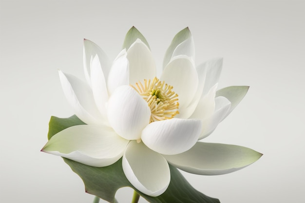 Eine weiße Lotusblume mit grünen Blättern