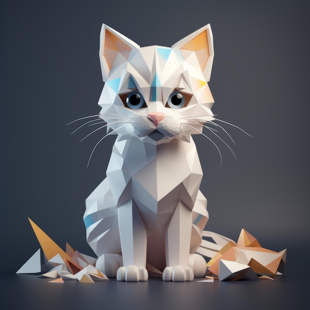 Eine weiße Low-Poly-Katze, die auf einem Stapel Papier sitzt