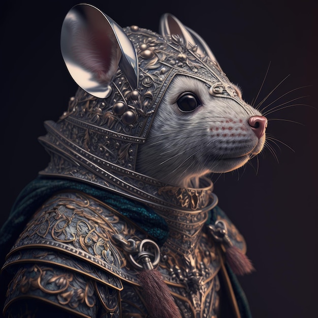 Eine weiße Maus, die einen goldenen Helm und eine goldene Kette trägt.