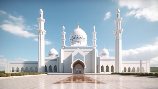 Eine weiße Moschee mit blauem Himmel und Wolken