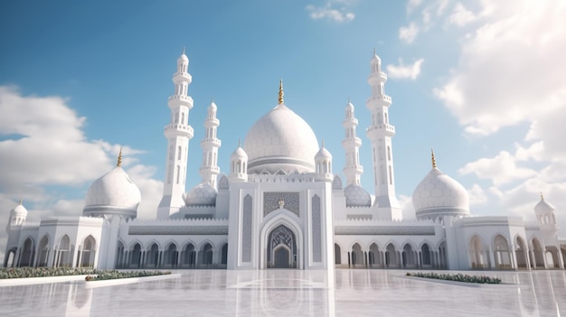 Eine weiße Moschee mit einem blauen Himmel im Hintergrund