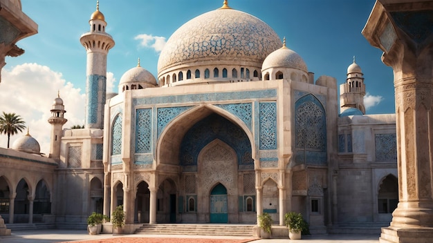 eine weiße Moschee mit einer blauen Tür und einem blauen Ornament