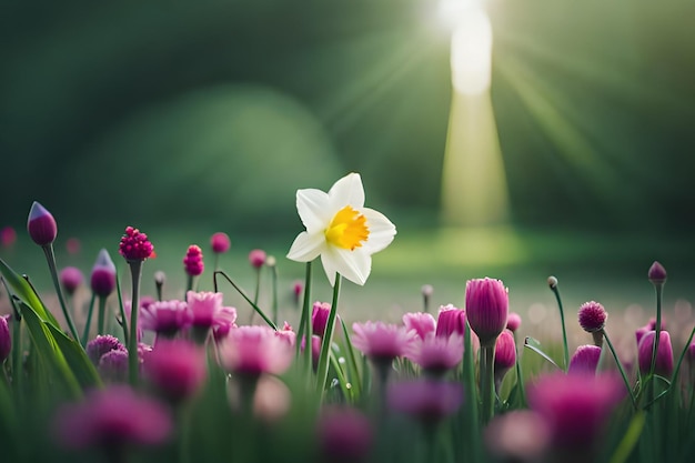 Eine weiße Narzisse in einem Feld mit lila Blüten