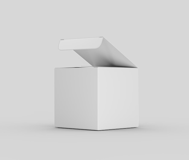 Eine weiße offene Kartonbox mit teilweise erhobenem Deckel für Verpackungs- und Produktmodelle 3d