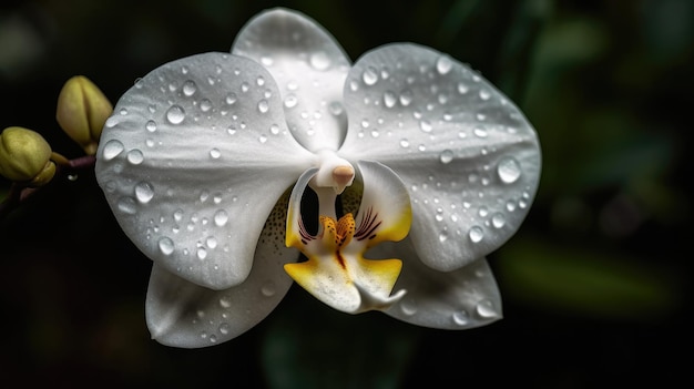 Eine weiße Orchidee mit Regentropfen darauf