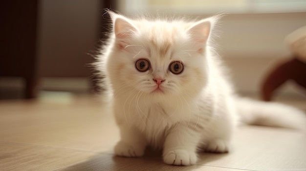 Eine weiße Perserkatze mit grünen Augen sitzt auf einem Holzboden.