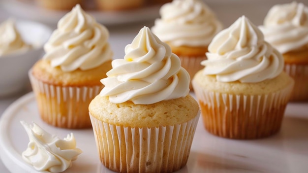 Foto eine weiße platte mit mehreren cupcakes, die mit farbenfrohen glasur überzogen sind, erzeugt eine süße und verlockende