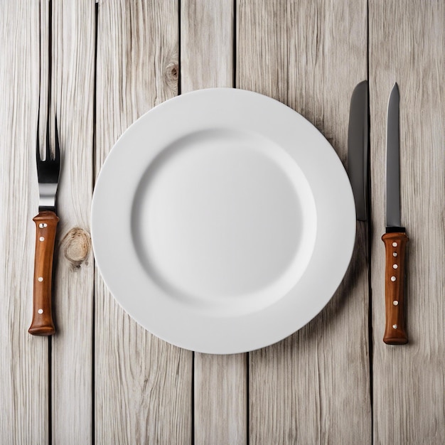 eine weiße Platte und ein Messer auf einem hölzernen Tisch, das auf einem weißen Hintergrund isoliert ist