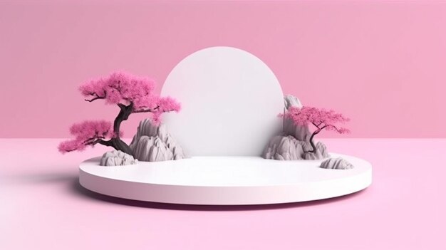 Eine weiße Plattform mit Bäumen und Felsen darauf in einem rosa Raum mit generativer KI