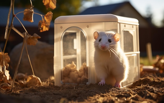 Eine weiße Ratte sitzt elegant auf einer weißen Schachtel