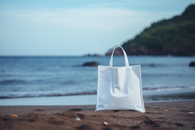 Eine weiße, recycelbare Einkaufstasche an einem Meeresstrand