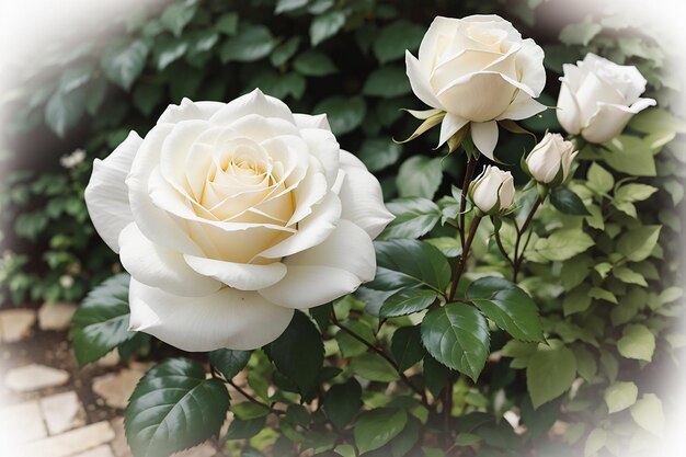 Eine weiße Rose blüht im Garten