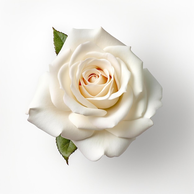 Eine weiße Rose mit einem grünen Blatt und einer Rose an der Spitze.