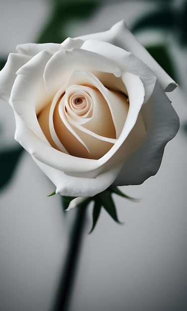 Eine weiße Rose mit einem Rosenstiel in der Mitte.