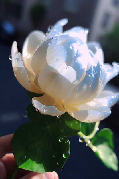 Foto eine weiße rose mit wassertropfen darauf.