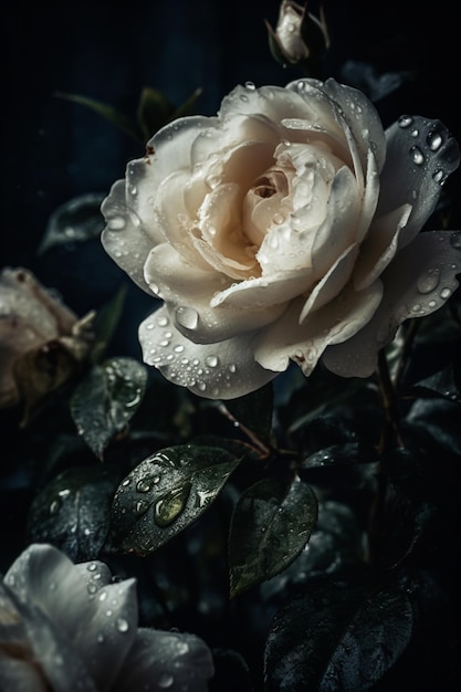 Eine weiße Rose mit Wassertropfen darauf