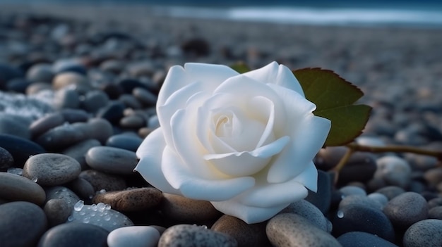 Eine weiße Rose sitzt am Abend an einem Kiesstrand