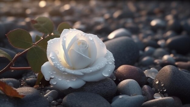 Eine weiße Rose sitzt am Abend an einem Kiesstrand