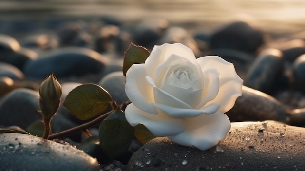 Eine weiße Rose sitzt am Abend an einem Kiesstrand