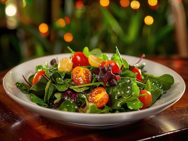 Eine weiße Schüssel, die mit einem bunten Salat gefüllt ist, wird elegant auf einen rustikalen Holztisch gelegt