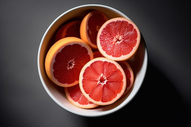 Eine weiße Schüssel mit Grapefruits, deren obere Hälfte abgeschnitten ist.