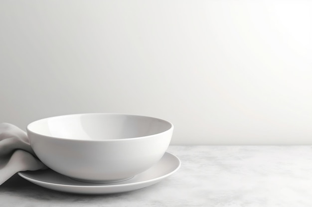 Eine weiße Schüssel und zwei Teller auf einem Tisch mit weißem Hintergrund.
