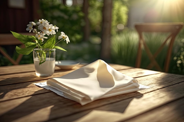 Eine weiße Serviette auf einem Holztisch in einem sonnigen Hinterhof mit Blumen und Grün