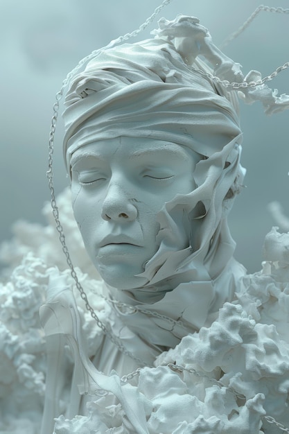 eine weiße Skulptur eines Mannes mit einer Kette um den Hals und die Augen