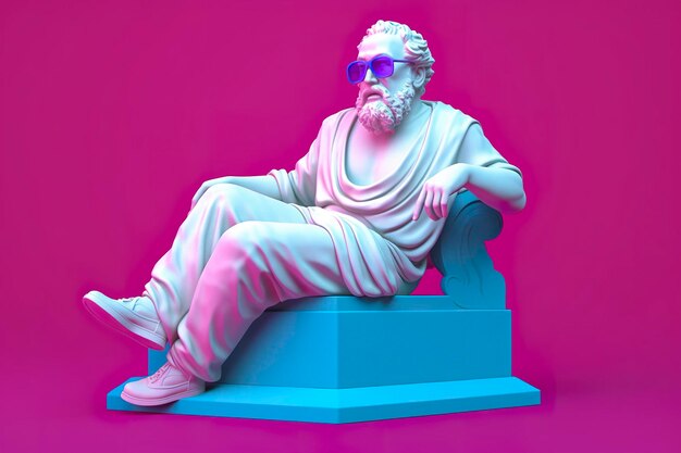 Eine weiße Statue von Plato in einer coolen Pose mit magenta- und cyanfarbener 3D-Brille, die bereit ist, zu feiern.