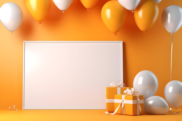 Eine weiße Tafel auf gelbem Hintergrund mit Geschenken und Luftballons