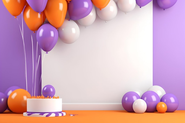 Eine weiße Tafel auf violettem Hintergrund mit Geschenken und Luftballons