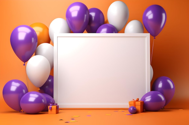 Eine weiße Tafel auf violettem Hintergrund mit Geschenken und Luftballons