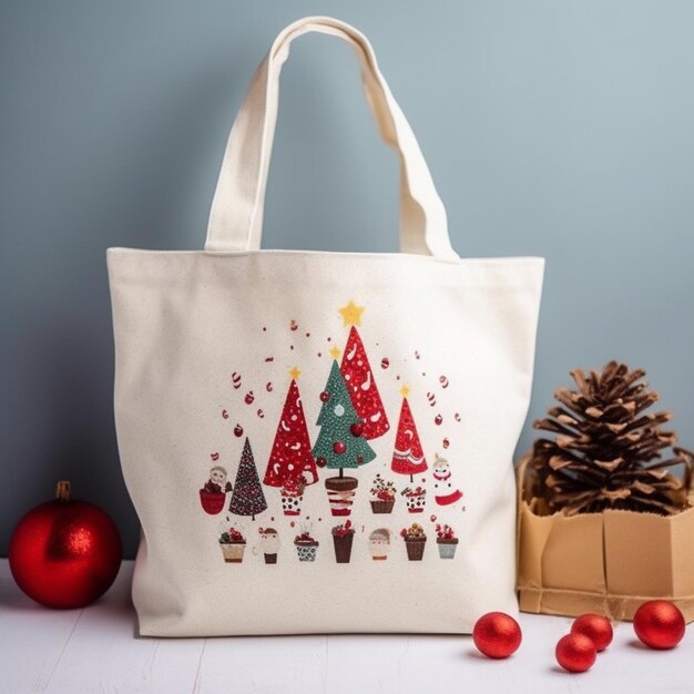 eine weiße Tasche mit einem Weihnachtsbaum und Cupcakes darauf