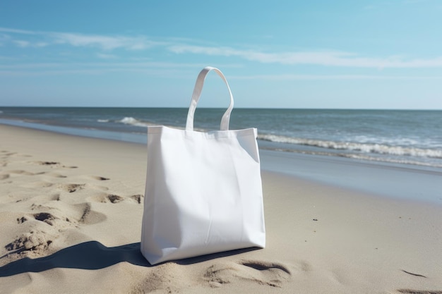 Eine weiße Tasche mit Griffen steht am Strand auf dem Sand. Weiße Tasche mit Platz für Text