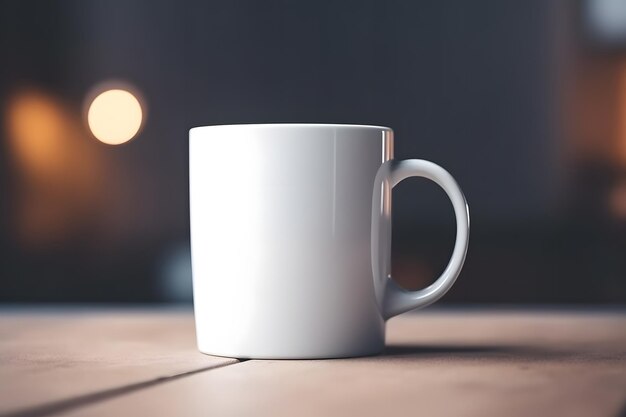 Eine weiße Tasse auf einem Holztisch mit verschwommenem Hintergrund.