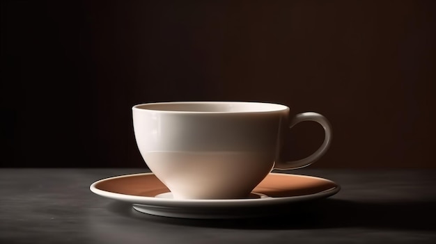 Eine weiße Tasse auf einer Untertasse mit einem braunen Teller auf der rechten Seite.