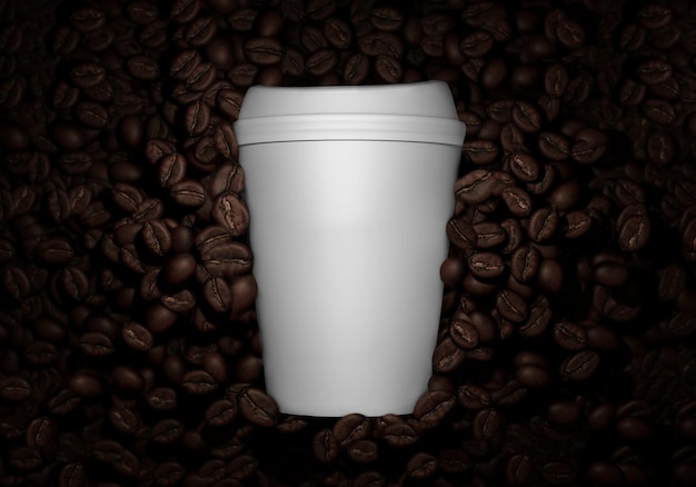 Eine weiße Tasse Kaffee mit einem weißen Deckel, auf dem Kaffee steht.