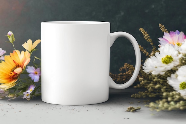 Eine weiße Tasse mit einem Blumenstrauß daneben