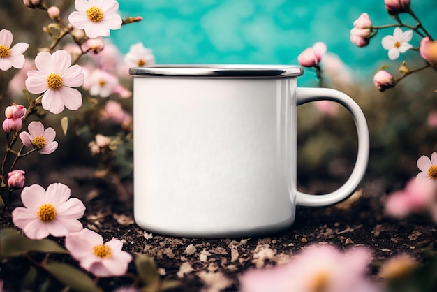 Eine weiße Tasse mit schwarzem Rand steht im Dreck mit rosa Blumen im Hintergrund.